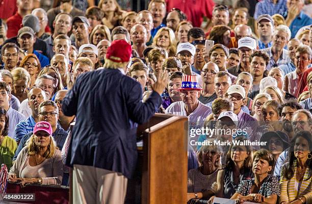 Republican presidential candidate Donald Trump speaks during a rally at Ladd-Peebles Stadium on August 21, 2015 in Mobile, Alabama. The Trump...