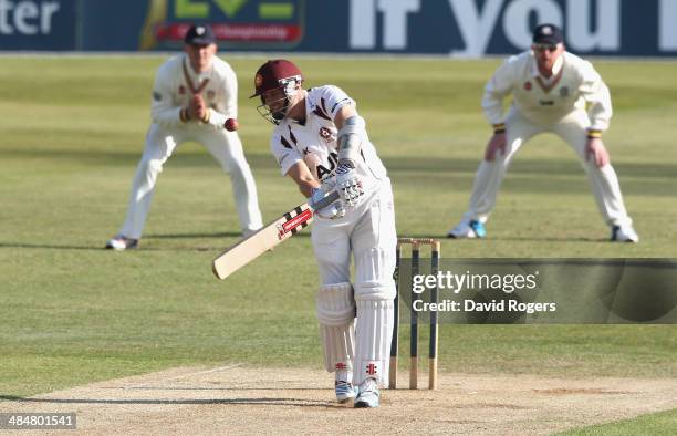 Stephen Peters of Northamptonshire edges the ball to Scott Borthwick in the slips off the bowling of Graham Onions during the second day of the LV...