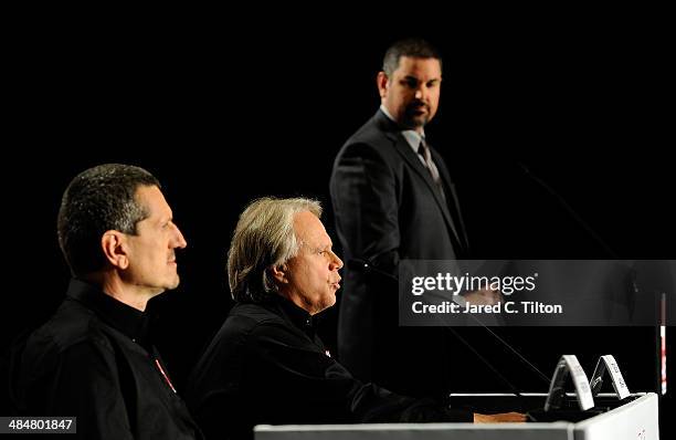 Guenther Steiner, team principal of Haas Formula, Gene Haas, founder, Haas Automation and chairman, Haas Formula, and Mike Arning, True Speed...