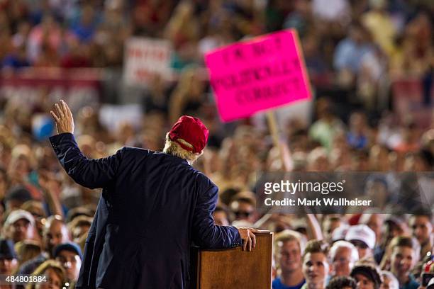 Republican presidential candidate Donald Trump speaks during a rally at Ladd-Peebles Stadium on August 21, 2015 in Mobile, Alabama. The Trump...