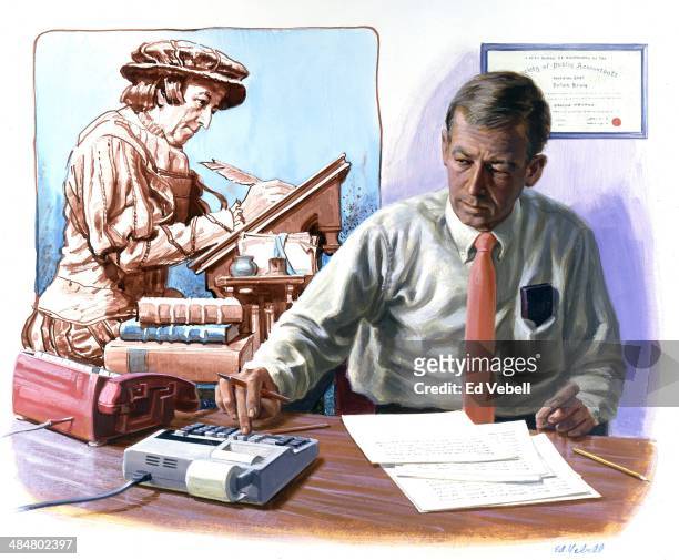 Painting depicting a modern American accountant and his European 17th century counterpart circa 1965.