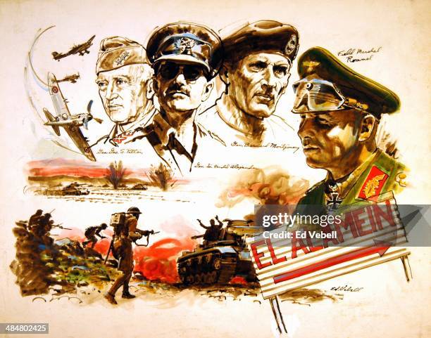 Painting for the US Army 'Stars and Stripes' newspaper shows the key generals in battle for North Africa after the victory at El Alamein, from L-R...