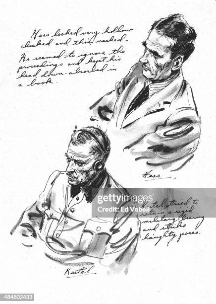 Sketch drawn for the US Army 'Stars and Stripes' newspaper shows Deputy Fuhrer Rudolf Hess and Field marshal Wilhelm Keitel in the dock at the Nazi...