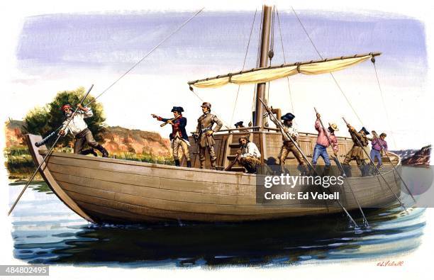 Painting depicting explorers Meriwether Lewis and William Clark on their Keelboat known as 'The Boat' using poles to navigate the Missoiuri River in...