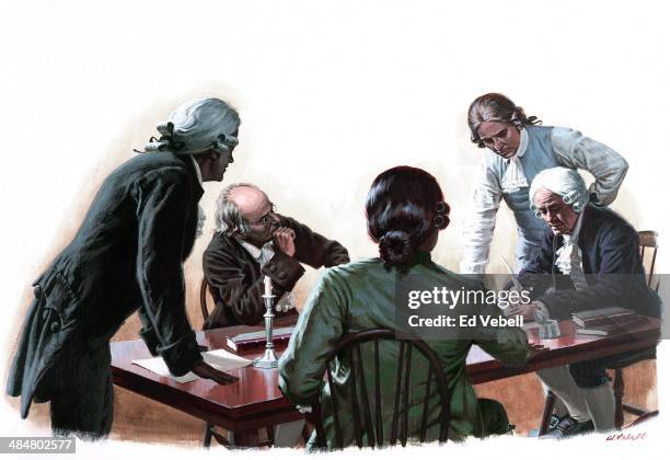 Painting depicting a group of Founding Fathers signing a document during the American Revolution circa 1776.