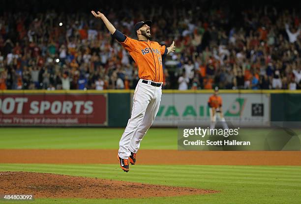 Mike Fiers of the Houston Astros celebrates after tossing a no-hitter en route to the Astros defeating the Los Angeles Dodgers 3-0 at Minute Maid...