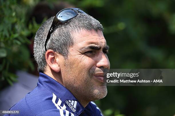 Director of football operations Claudio Reyna watches the New York City training session on August 21, 2015 in Los Angeles, California.