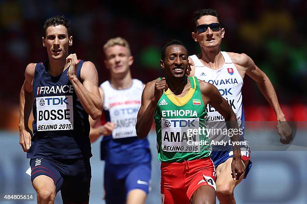 Pierre Ambroise Bosse of France and Mohammed Aman of Ethiopia compete in the Men's 800 metres heats during day one of the 15th IAAF World Athletics...