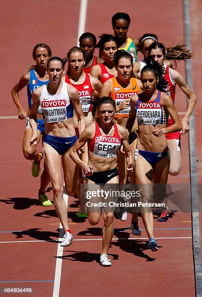 Laura Weightman of Great Britain, Luiza Gega of Albania and Florina Pierdevara of Romania compete in the Women's 1500 metres heats during day one of...
