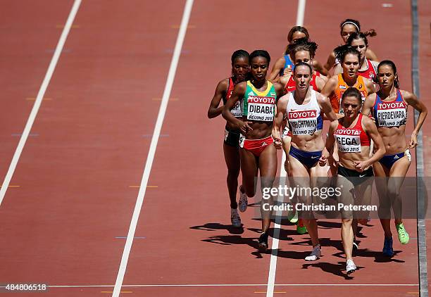 Laura Weightman of Great Britain, Luiza Gega of Albania and Florina Pierdevara of Romania compete in the Women's 1500 metres heats during day one of...