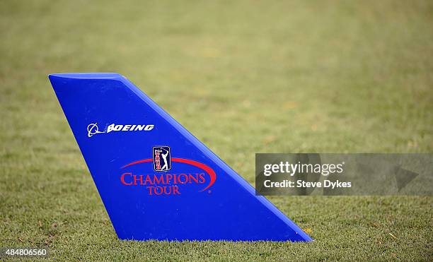 General view of a tee box marker is shown on the fifth hole before the first round of the Boeing Classic on August 21, 2015 in Snoqualmie, Washington.