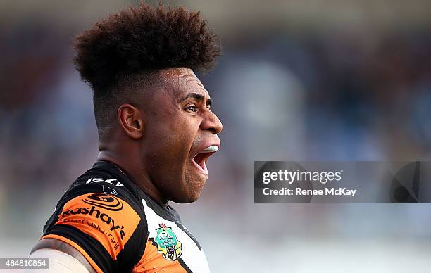 Kevin Naiqama of the Tigers awaits kick off during the round 24 NRL match between the Cronulla Sharks and the Wests Tigers at Remondis Stadium on...