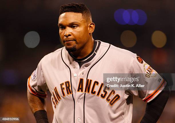 Marlon Byrd of the San Francisco Giants looks on during the game against the Pittsburgh Pirates at PNC Park on August 21, 2015 in Pittsburgh,...