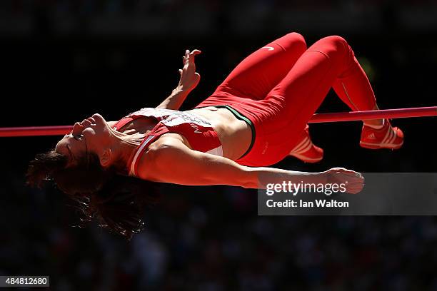 Gyorgyi Zsivoczky-Farkas of Hungary competes in the Women's Heptathlon High Jump during day one of the 15th IAAF World Athletics Championships...