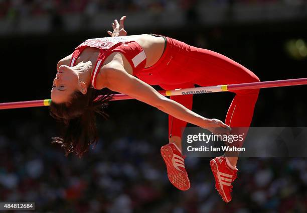 Gyorgyi Zsivoczky-Farkas of Hungary competes in the Women's Heptathlon High Jump during day one of the 15th IAAF World Athletics Championships...