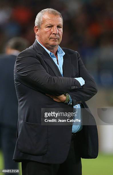 Head coach of Montpellier Rolland Courbis looks on during the French Ligue 1 match between Montpellier Herault SC v Paris Saint-Germain at Stade de...