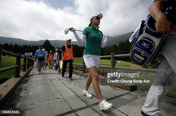 Eun-Bi Jang of South Korea walks on the eighteenth hole during the second round of the CAT Ladies Golf Tournament HAKONE JAPAN 2015 at the Daihakone...