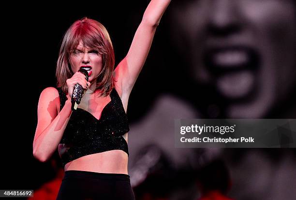 Singer-songwriter Taylor Swift performs onstage during The 1989 World Tour Live In Los Angeles at Staples Center on August 21, 2015 in Los Angeles,...