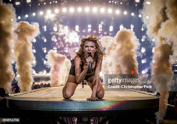 Singer-songwriter Taylor Swift performs onstage during The 1989 World Tour Live In Los Angeles at Staples Center on August 21, 2015 in Los Angeles,...