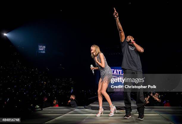 Singer-songwriter Taylor Swift and NBA player Kobe Bryant speak onstage during The 1989 World Tour Live In Los Angeles at Staples Center on August...