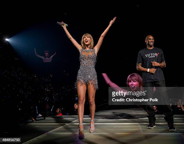 Singer-songwriter Taylor Swift and NBA player Kobe Bryant speak onstage during The 1989 World Tour Live In Los Angeles at Staples Center on August...