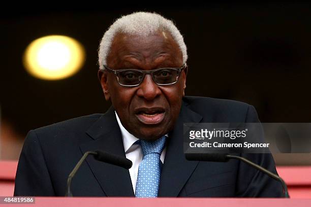 Outgoing president of the IAAF Lamine Diack speaks during day one of the 15th IAAF World Athletics Championships Beijing 2015 at Beijing National...