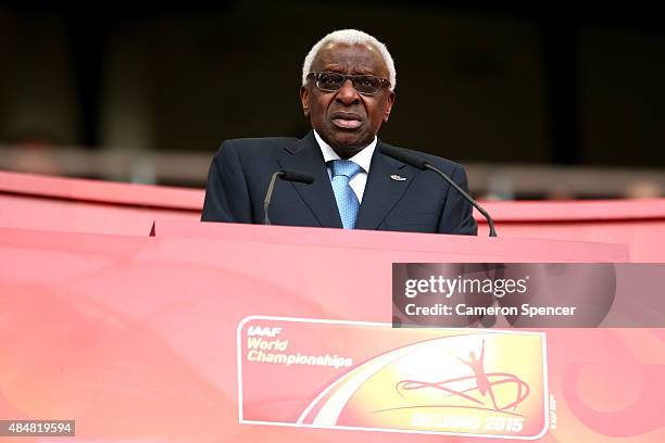 Outgoing president of the IAAF Lamine Diack speaks during day one of the 15th IAAF World Athletics Championships Beijing 2015 at Beijing National...