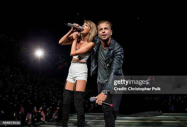 Singer-songwriters Taylor Swift and Ryan Tedder perform onstage during The 1989 World Tour Live In Los Angeles at Staples Center on August 21, 2015...