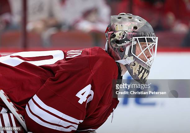 Goaltender Mark Visentin of the Phoenix Coyotes in action during the NHL game against the San Jose Sharks at Jobing.com Arena on April 12, 2014 in...