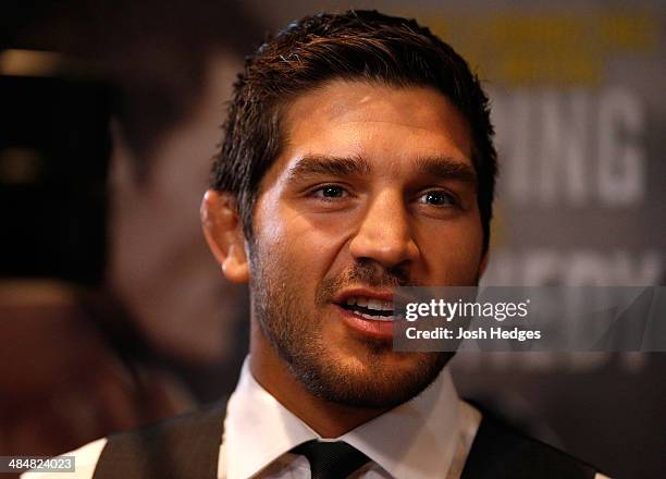 Patrick Cote interacts with media during the UFC Ultimate Media Day at the TRYP Quebec Hotel on April 14, 2014 in Quebec City, Quebec, Canada.