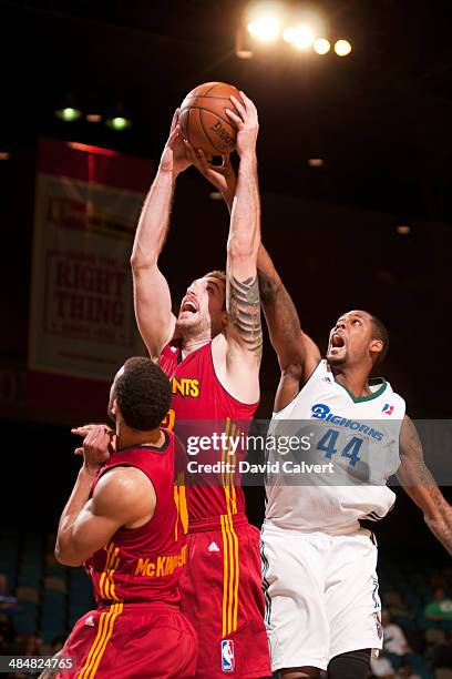 Tim Ohlbrecht of the Fort Wayne Mad Ants rebounds the ball over Mickell Gladness of the Reno Bighorns on April 11, 2014 at the Reno Events Center in...