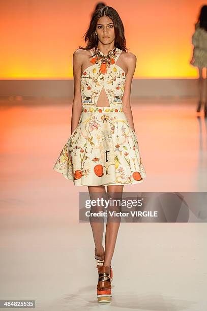 Model walks the runway at Triton show during Sao Paulo Fashion Week Summer 2014/2015 at Parque Candido Portinari on April 1, 2014 in Sao Paulo,...