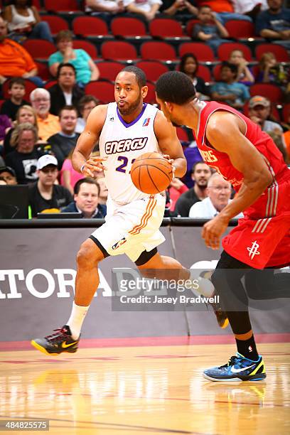 Austin Freeman of the Iowa Energy hustles the ball down the court against the Rio Grande Valley Vipers in an NBA D-League game on April 12, 2014 at...