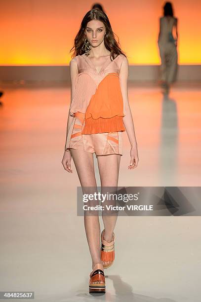 Model walks the runway at Triton show during Sao Paulo Fashion Week Summer 2014/2015 at Parque Candido Portinari on April 1, 2014 in Sao Paulo,...