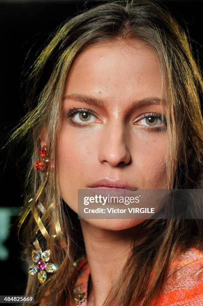 Backstage and atmosphere at Triton show during Sao Paulo Fashion Week Summer 2014/2015 at Parque Candido Portinari on April 1, 2014 in Sao Paulo,...