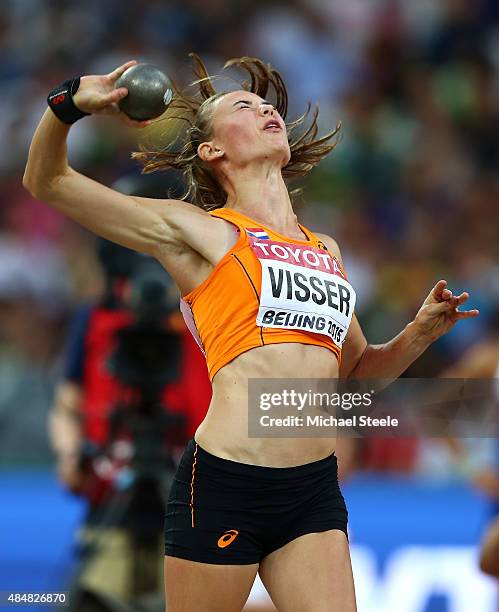 Nadine Visser of the Netherlands competes in the Women's Heptathlon Shot Put during day one of the 15th IAAF World Athletics Championships Beijing...