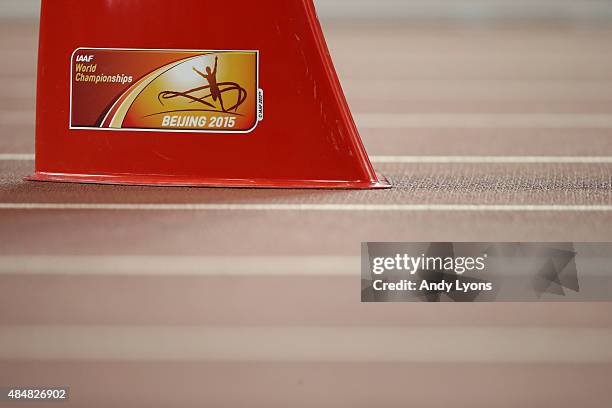 Lane marker is seen during day one of the 15th IAAF World Athletics Championships Beijing 2015 at Beijing National Stadium on August 22, 2015 in...