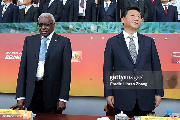 Outgoing president of the IAAF Lamine Diack and President of the People's Republic of China Xi Jinping during the Opening Ceremony for the 15th IAAF...