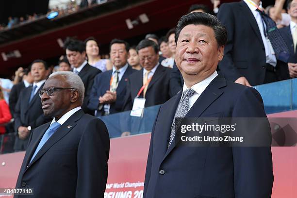 Outgoing president of the IAAF Lamine Diack and President of the People's Republic of China Xi Jinping during the Opening Ceremony for the 15th IAAF...