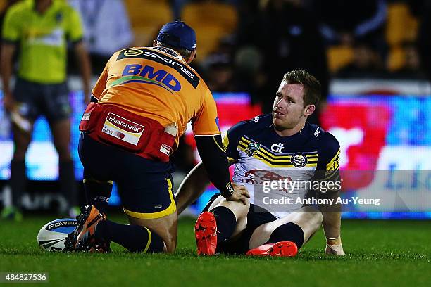 Michael Morgan of the Cowboys suffers an injury during the round 24 NRL match between the New Zealand Warriors and the North Queensland Cowboys at Mt...