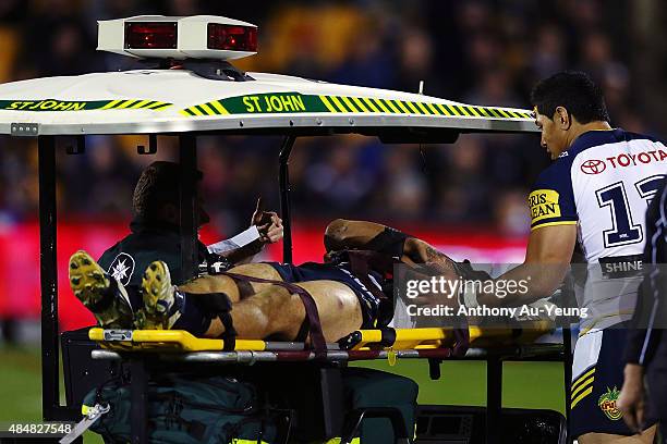 James Tamou of the Cowboys is taken off the field with a possible neck injury during the round 24 NRL match between the New Zealand Warriors and the...