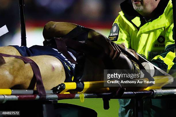 James Tamou of the Cowboys is taken off the field with a possible neck injury during the round 24 NRL match between the New Zealand Warriors and the...