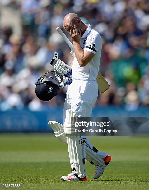 Adam Lyth of England leaves the field after being dismissed by Peter Siddle of Australia during day three of the 5th Investec Ashes Test match...