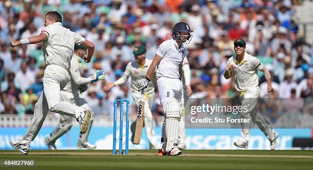 England batsman Adam Lyth reacts after being dismissed by Peter Siddle during day three of the 5th Investec Ashes Test match between England and...