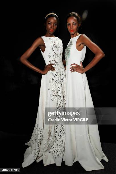 Backstage and atmosphere at the Patricia Motta show during Sao Paulo Fashion Week Summer 2014/2015 at Parque Candido Portinari on April 1, 2014 in...