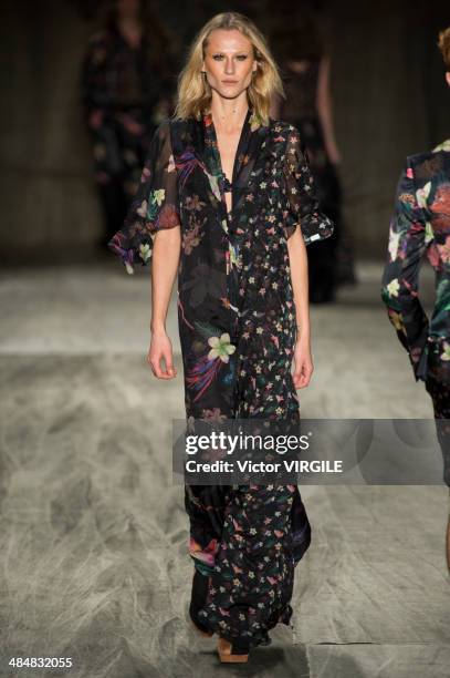 Model walks at the runway during Cavalera show during Sao Paulo Fashion Week Summer 2014/2015 at Parque Candido Portinari on March 31, 2014 in Sao...