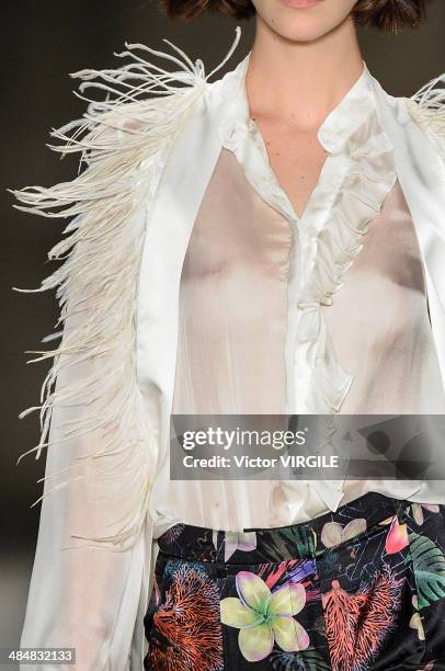 Model walks at the runway during Cavalera show during Sao Paulo Fashion Week Summer 2014/2015 at Parque Candido Portinari on March 31, 2014 in Sao...