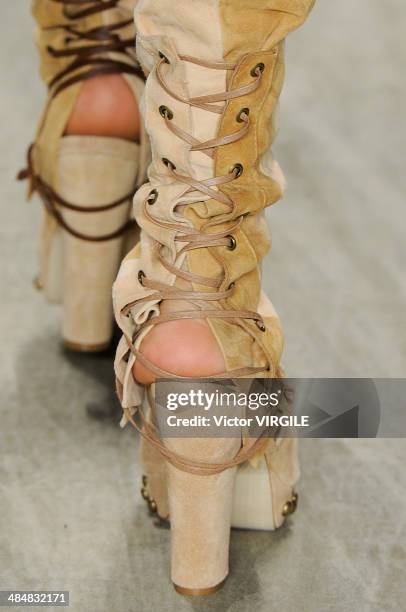 Model walks at the runway during Cavalera show during Sao Paulo Fashion Week Summer 2014/2015 at Parque Candido Portinari on March 31, 2014 in Sao...