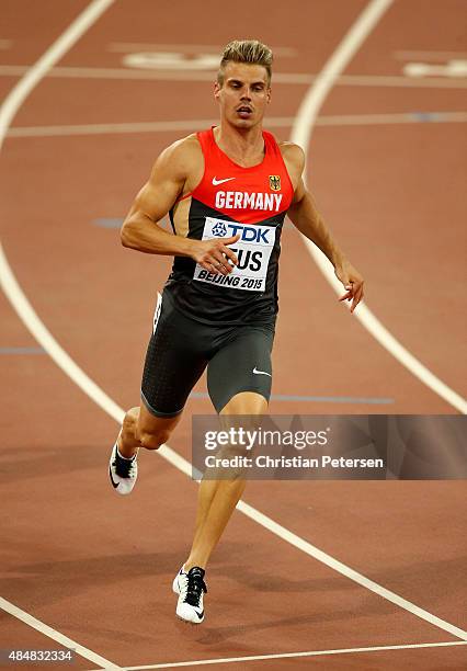 Julian Reus of Germany competes in the Men's 100 metres heats during day one of the 15th IAAF World Athletics Championships Beijing 2015 at Beijing...