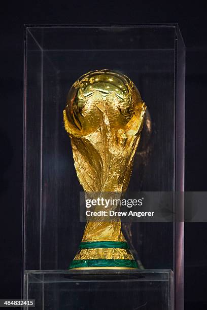 The World Cup trophy is seen on display during a FIFA World Cup Trophy Tour event, at the U.S. State Department, April 14, 2014 in Washington, DC....